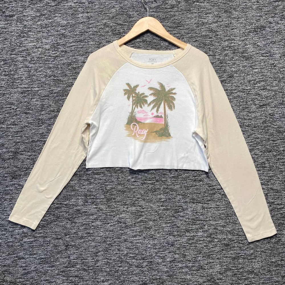 Roxy Crop Top Graphic Tee Women Large White Cream Raglan Long Sleeve Beach Surf